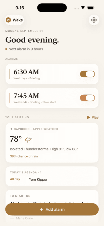 Home screen: alarms, local weather and today's agenda