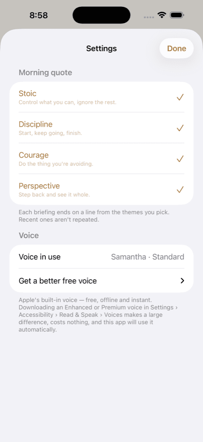 Settings: pick quote themes and a voice